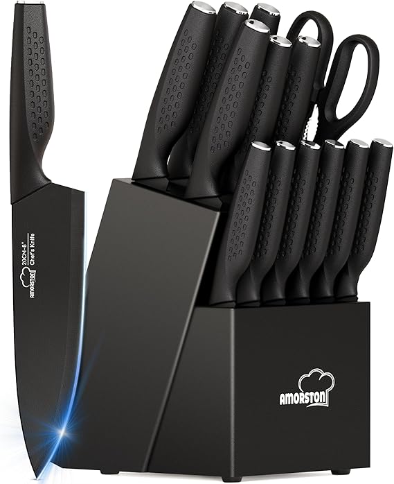 Knife Set, 15 Pieces Kitchen Knife Set with Block Built in Sharpener, Dishwasher Safe, German Stainless Steel Knife Block Set, Elegant Black