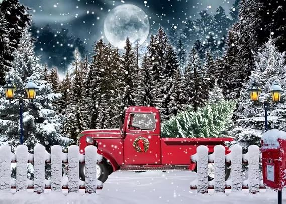 7x5FT Winter Forest Photography Backdrop Christmas Red Truck Backdrop Winter Backdrop Fence Snowy Forest Pine Tree Background Christmas Xmas Holiday Party Decor Banner