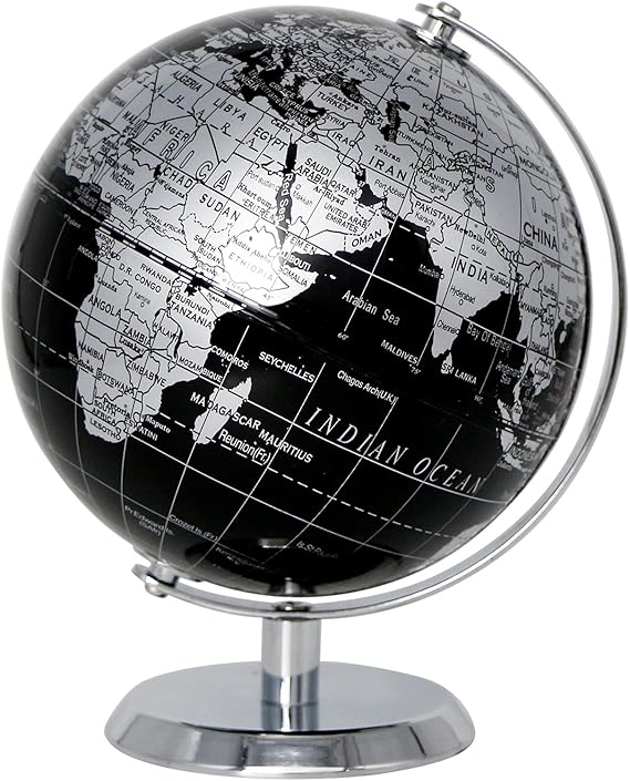 Exerz World Globe Black Dia 5.5-inch - Mini Educational Globe of Earth - Metal Base - Metallic Black | With Stainless Steel Base for Home Office School