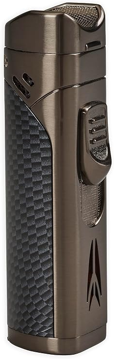 Lotus Monarch Cigar Lighter with Quad Wind-Resistant Torch Flames, All Metal Housing, Fold-Out Cigar Punch, Cigar Rest Cap, Tinted Fuel Level Window (Gunmetal & Carbon Fiber)