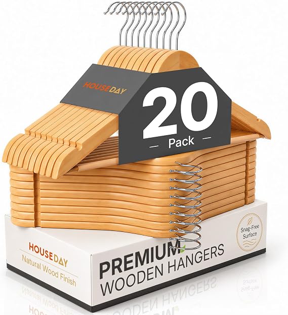 HOUSE DAY Premium Wooden Hangers 20 Pack - Heavy Duty & Durable Coat Hanger