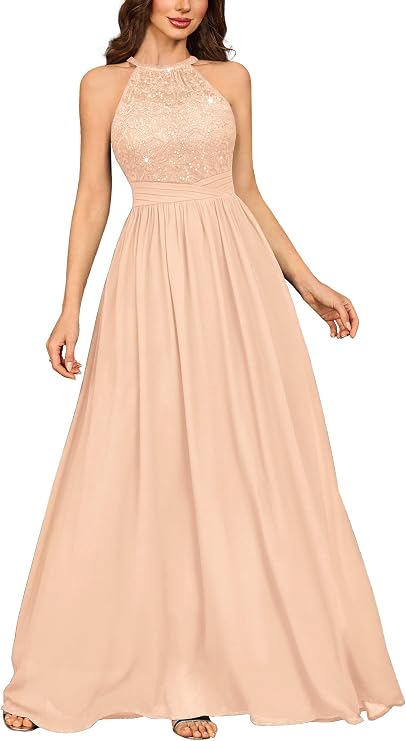 Miusol Women's Sequin Lace Halter Tie Formal Evening Maxi Dress | Sleeveless, Tie Design, Flowy Hem, For Bridesmaid Party