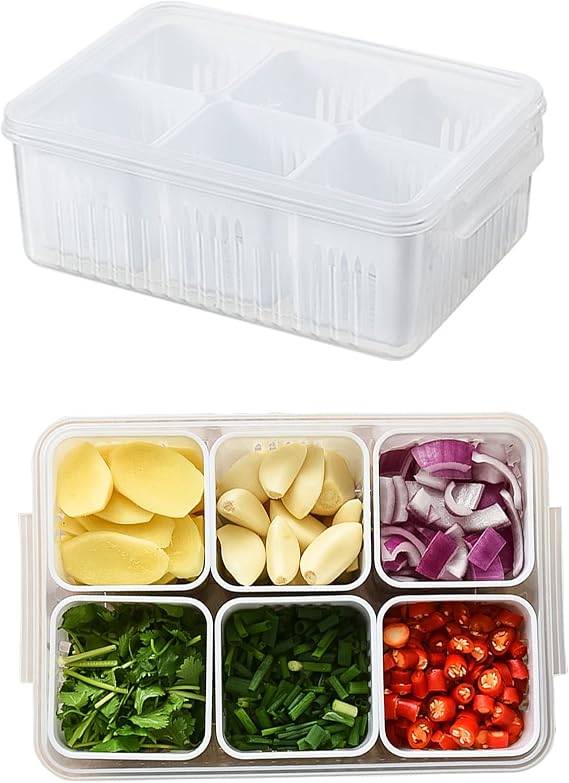Food Storage Containers with Lids Airtight, Fridge Fresh-Keeping Container with 6 detachable small boxes, Portable Divided Fruit Storage Container Onion Ginger Garlic Cherry Storage (Containers-A)