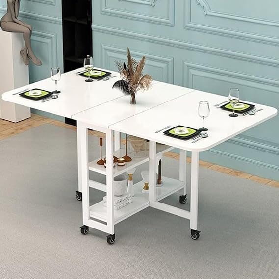 Space Saving Folding Dining Table, Drop Leaf Dining Table with Lockable Wheels, Extendable Dinner Table with 2-Layer Storage Shelf, Multifunction Expandable Table for Kitchen, Bedroom, Living Room ( C