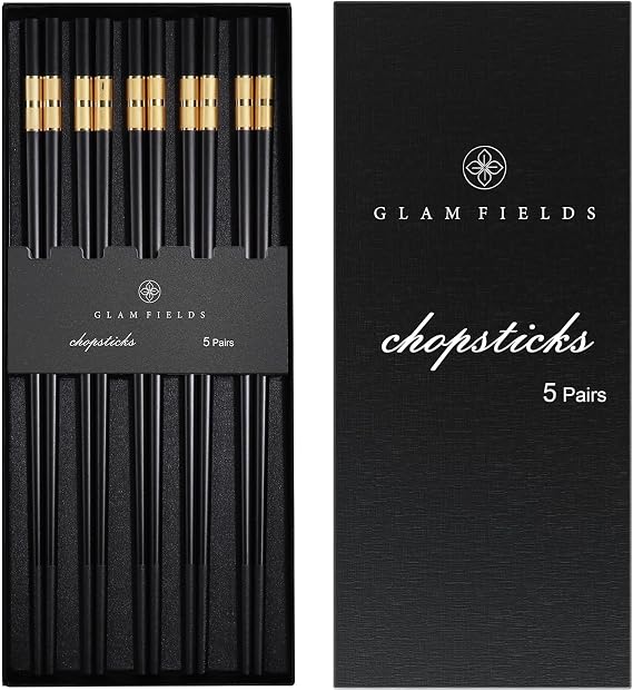 GLAMFIELDS 5 Pairs Premium Chopsticks Reusable Dishwasher Safe 9.5 Inch Fiberglass Chop Sticks Gift Set Non Slip Black+Gold
