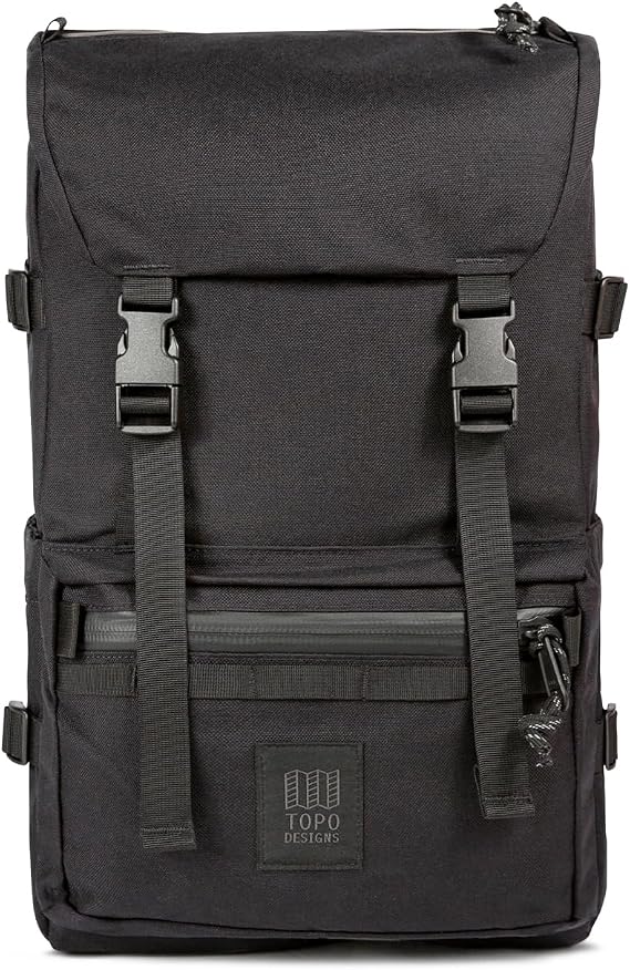 Topo Designs Rover Pack Tech - Work Business Travel Backpack, Integrated Organization, 2 Laptop Tablet Pockets, Comfortable Cushioned Support, Durable 1000D Fabric (Black/Black)