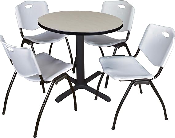 Regency Cain Small 30 in. Round X-Base Breakroom Table- Maple & 4 M Stack Chairs- Grey