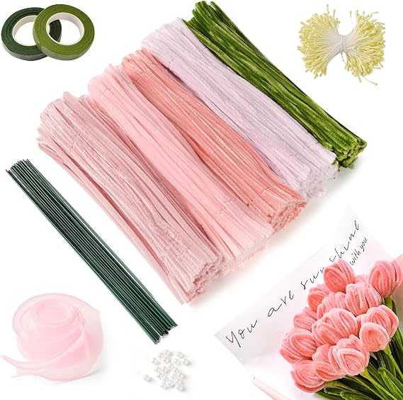 551 Pieces Pink Pipe Cleaners Flower Set 5 Colours Pipe Cleaners for Crafts for DIY Pipe Cleaners for Crafts Pipe Cleaners with Green Craft Thread Flower Stamp Gift Paper & Tape