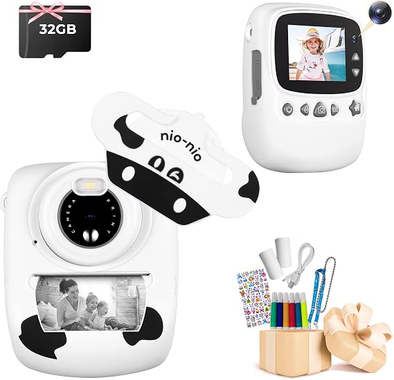 Children's Camera 30MP 1080P Instant Camera with 2.4 Inch Screen Digital Camera with 32GB TF Card 6 Colours Brush Pen Dual Camera Gift for Children White