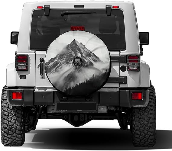 Black White Mountain Fog Spare Tire Cover with Backup Camera Hole Wheel Tire Cover Fit Trailer, RV, SUV and Many Vehicle 17inch
