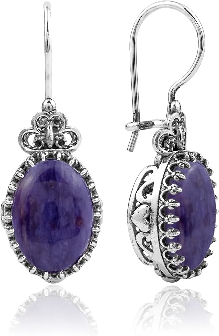 FILIGRANIST 925 Sterling Silver Filigree Art Heart Design Women Oval Drop Earrings with Gemstones