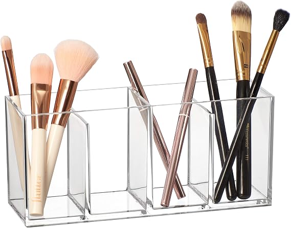 Glamour - Acrylic 4-Compartment Makeup Organizer, Transparent Plastic Makeup Brush Holder, Perfect Bathroom Vanity Storage Solution for Makeup Brushes, Eyebrow Pencils, and More