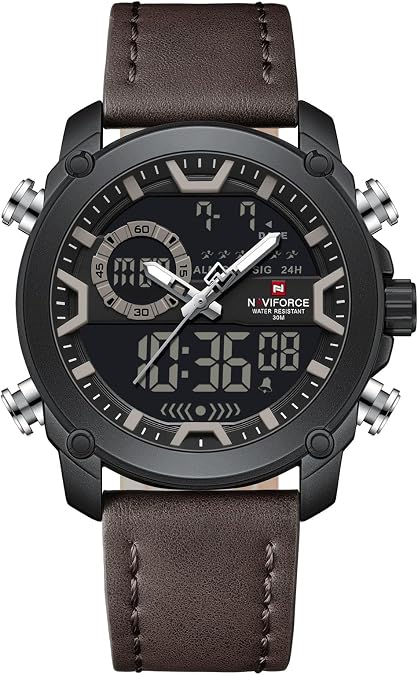NAVIFORCE Bussiness Super Style Men's Wristwatches Dual Display Time Genuine Leather 3ATM Waterproof Alarm Watches