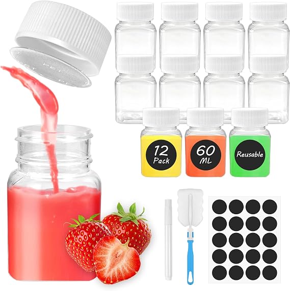 12 Pack Juice Shot Bottles with Lids 60 ml Plastic Juice Bottles with Label