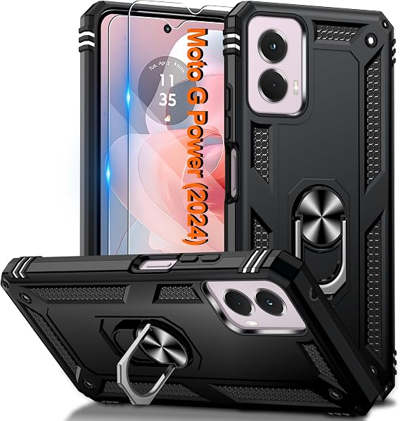 ATUMP for Motorola Moto G Power 5G 2024 Case with 2PCS HD Screen Protector, Heavy Duty Cell Cover Magnetic Ring Stand [Military Grade] Protective Case for Moto GPower 2024 5G, Black