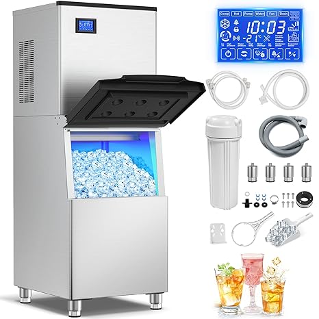 Commercial Ice Maker Machine 650 Lbs/24H, 350 Lbs Large Storage, Stainless Steel Commercial Ice Machine, 182 Ice Cubes/8-15 Min, Set Ice Thickness, 24H Timer Industrial Ice Machine for Bar, Cafe, etc