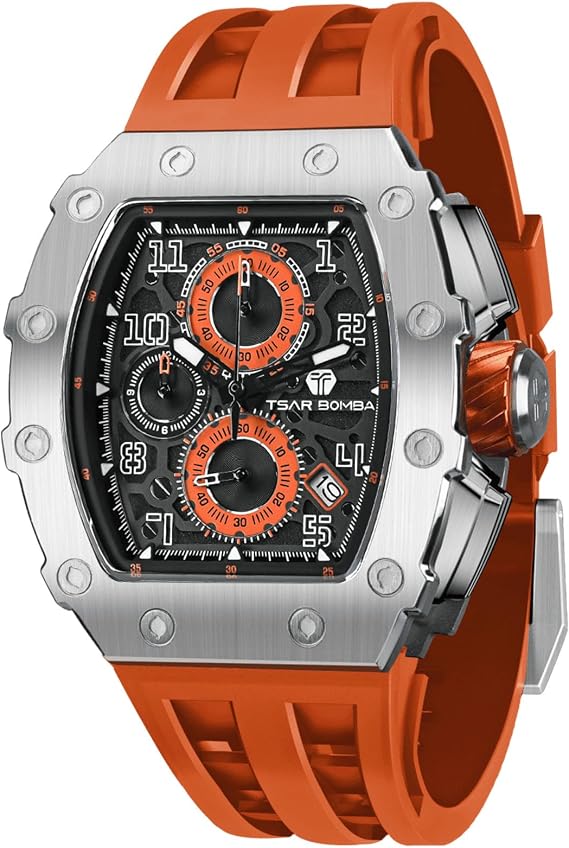 TSAR BOMBA Men's Watch Tonneau Design 50M Waterproof Chronograph Luxury Watches for Men with 316 Stainless Steel Case Square Sport Military Work Wristwatch with 22mm Watch Strap Stylish Men's Gift