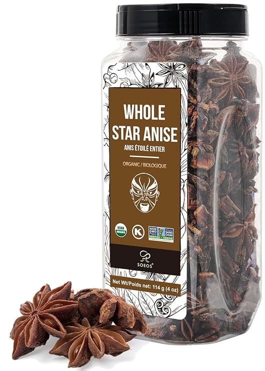 Soeos Organic Whole Star Anise 4 oz (114g), Whole Anise, USDA Organic, Non-GMO Verified, Great for Beverages, Cooking, Baking