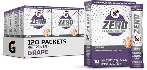Gatorade G Zero Powder, Grape, 0.10oz Packets, Makes 20 ounces 120 Pack