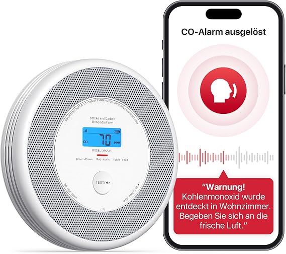 X-Sense XP0A-iR Smoke and CO Detector with Voice Alarm and Location Announcement, WLAN Combined Smoke and Carbon Monoxide Detector for 17 Detectable Rooms, Compatible with the X-Sense Home Security | EN 14604 and EN 50291 certified, voice alarm and location announcement for 17 rooms, direct WiFi connection and app control