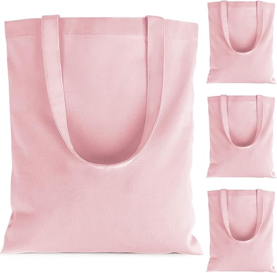 RAINFLOW Blank Canvas Tote Bags - 4 Pack Pink Cotton Totes with Handles