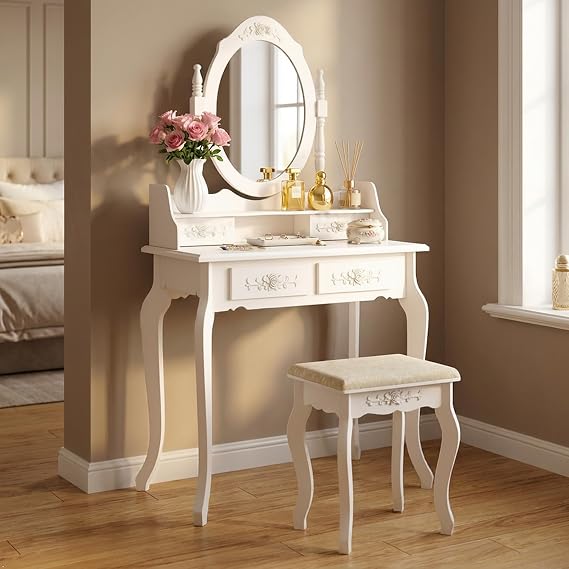 Vanity Desk with Mirror, Stool and 4 Drawers, White