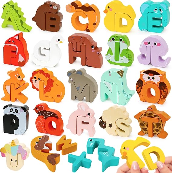 52 Pcs Wooden Alphabet Matching Game, ABC Animal Letter Puzzle Blocks with Storage Bags, Montessori Preschool Color Sorting & Fine Motor Learning Toy, Educational Gift for Toddler Kids Ages 3-5