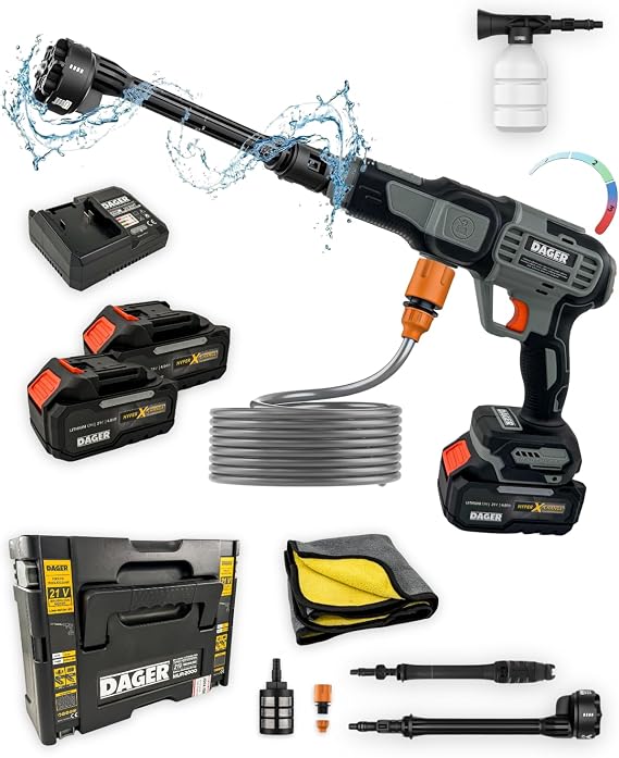 Dager AQUA FORCE 21V Kömürsüz Şarjlı Yüksek Basınçlı Yıkama Makinesi Seti | Çift 4.0 Ah Akü + Köpük Haznesi + Mikrofiber Havlu | 70 Bar