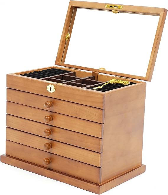 6 Layers Brown Wooden Jewelry Storage Box with Mirror & Lock, Four-leaf Clover Carved Jewelry Organizer Jewelry Display Case and Organizer Necklace Ring Earring Storage Gift Case for Ring & Necklace