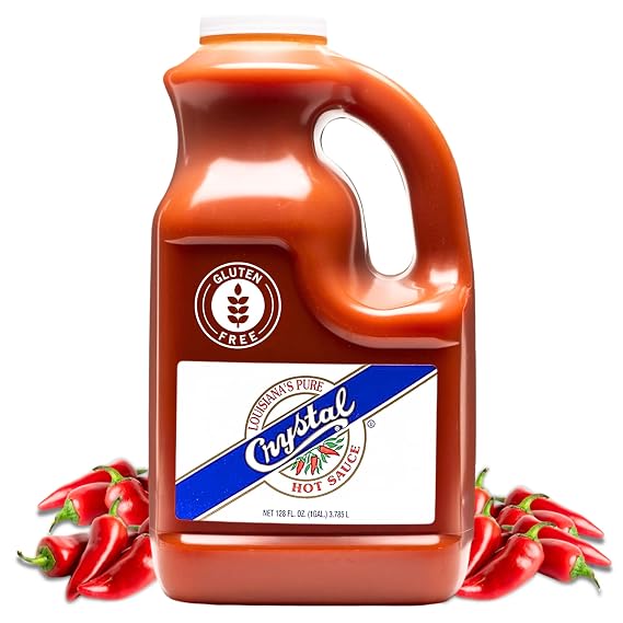 Crystal Original Hot Sauce with Recipe Card, 1 Gallon (128 fl oz) | A 1 gallon jug of Crystal Original Hot Sauce bundled with a recipe card for high-volume kitchens and events.