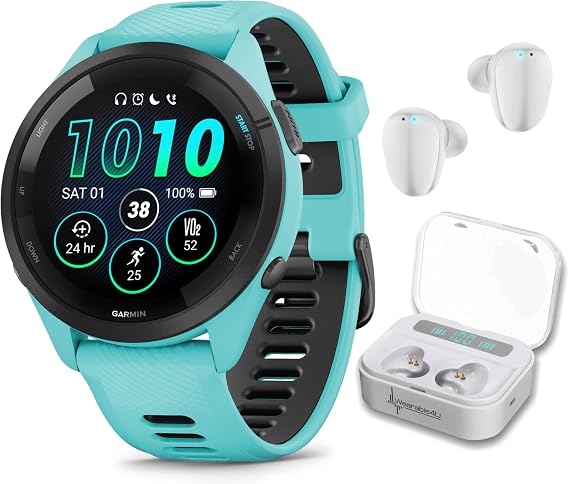 Garmin Forerunner 265 Music GPS Running 46 mm Smartwatch, Aqua with AMOLED 1.3 in Touchscreen Display White Earbuds Bundle, Aqua +Wht EarBuds