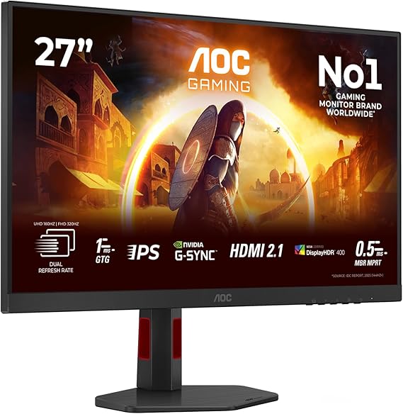 AOC U27G4R 27 inch USB Hub Gaming Monitor, 160Hz/320Hz dual mode, Fast IPS Panel, 1ms GtG, HDR400, G-Sync Comp, Height Adjustment,(3840x2160@160Hz; 1920x1080@320Hz HDMI 2x 2.1 DP 1x 1.4) Black