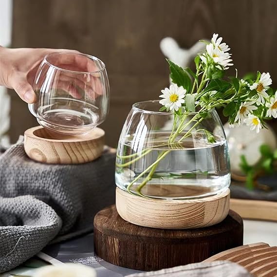 Wood vases Glass hydroponic Vessels Flower Arranging Fish Decorations (A)