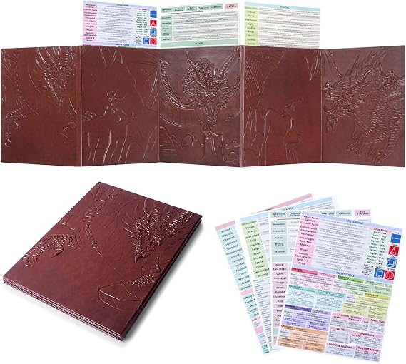DND DM Screen 5 Panel Faux Leather Dungeon Master Screen | 3D embossed faux leather DM screen with clear GM pockets. A tabletop RPG accessory for DND players and game masters.