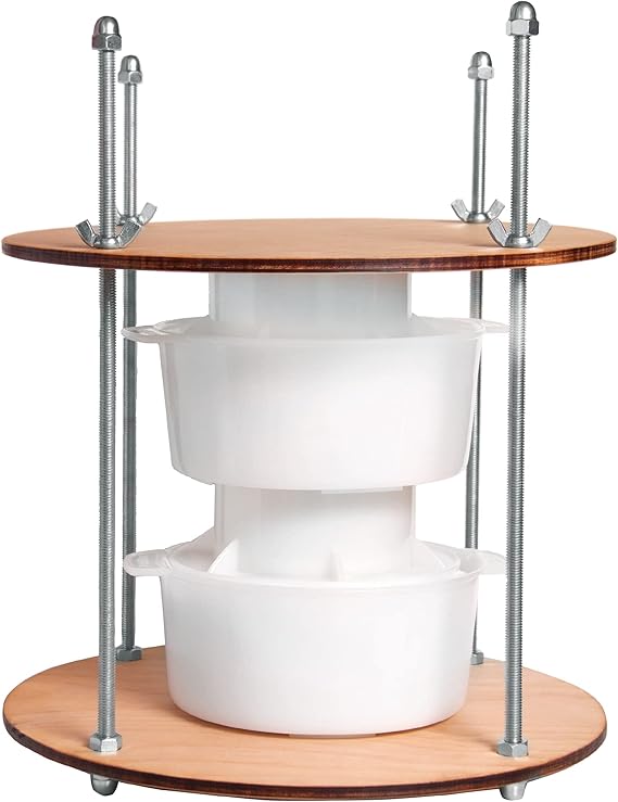 Wooden Cheese Press for Cheese Making Supplies diameter 11 in Metal Guides and 2 Cheese Mold with Follower Piston 1.3 Qt - Small Home Supply Ultimate Cheese Press Machine - Prensa Para Queso Casero