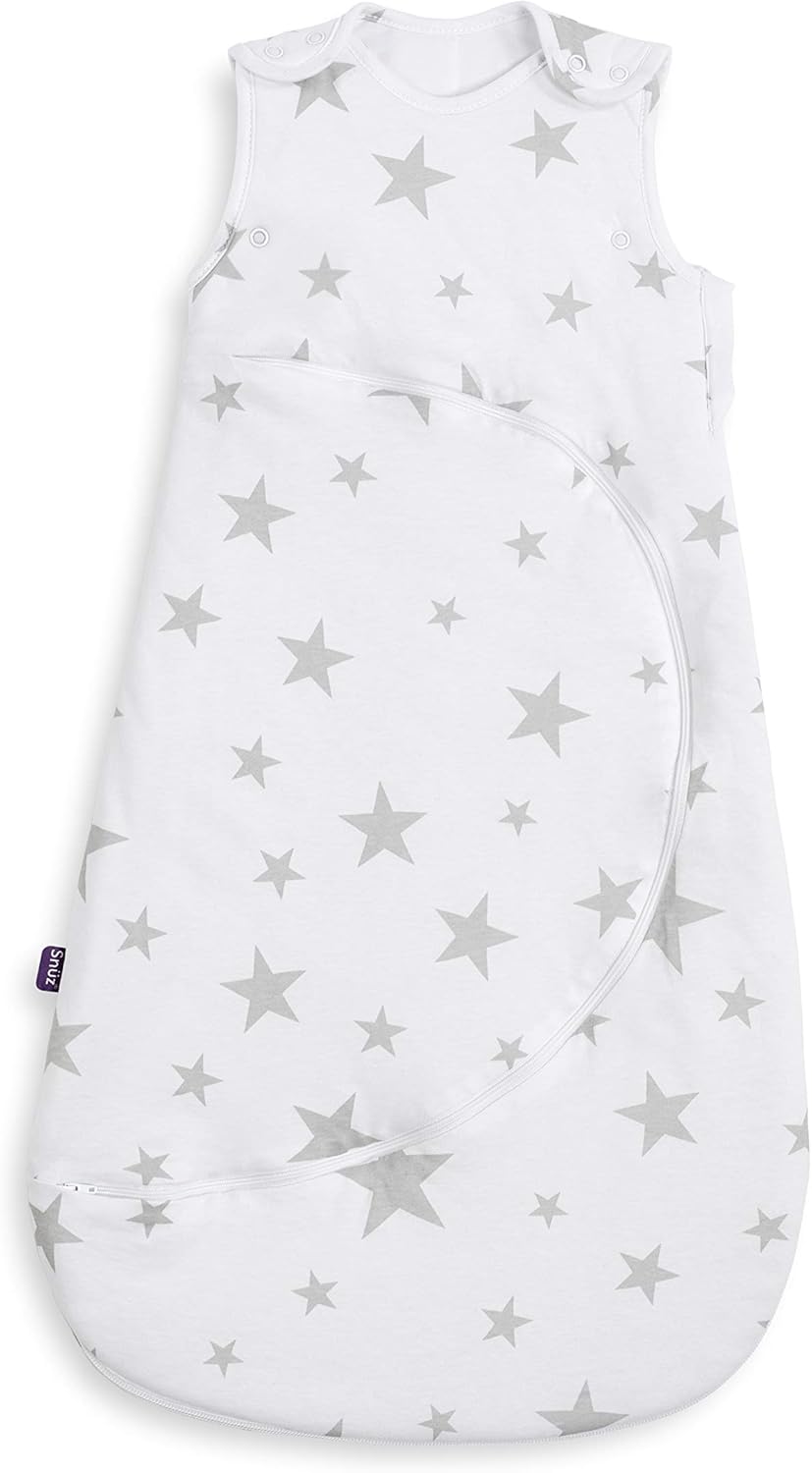 Snuz Baby Sleeping Bag with Nappy Zip - For Easy Nappy Changes, Super Soft Cotton Sleeping Bags with Perfect Fit Poppers, Meets British Safety Standard, Grey Star, 2.5 Tog 0-6M
