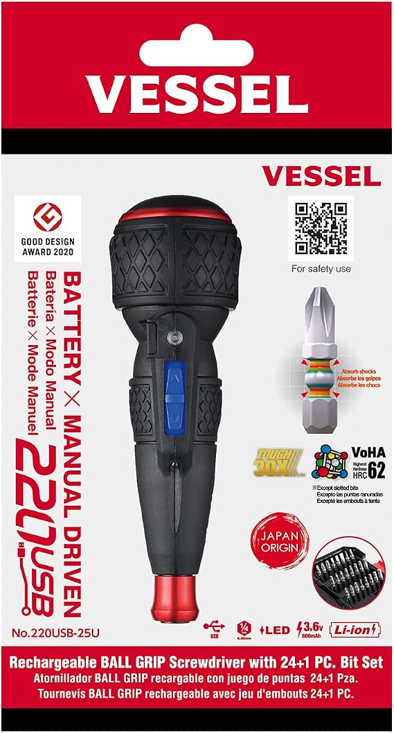 (US Model) VESSEL e-ASSIST Screwdriver Higher Torque w/ 25PC. Bit Set