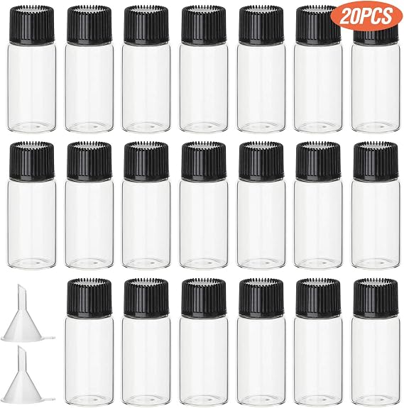 Hyber&Cara 20 Pcs 5ml Clear Glass Bottles Small Empty Sample Vials with Screw Cap, Bonus 2 Pcs Mini Funnels | Small Empty Sample Vials with Screw Cap, Bonus 2 Pcs Mini Funnels