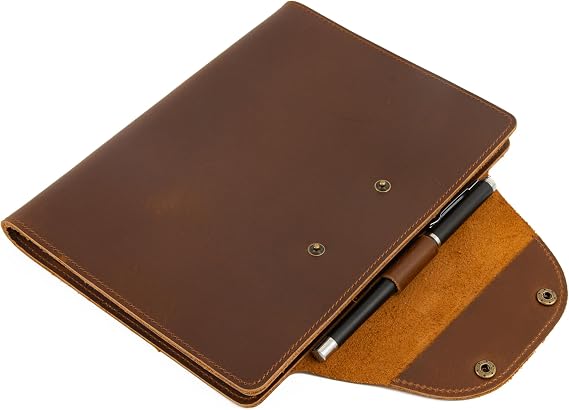 D Refillable Genuine Leather Cover, Handmade, A5 Leather Cover with Pen Loop Card Slot, 5.8" x 8.2" inches Writing Notebook 200 Pages, For Men Women Business College (Brown)