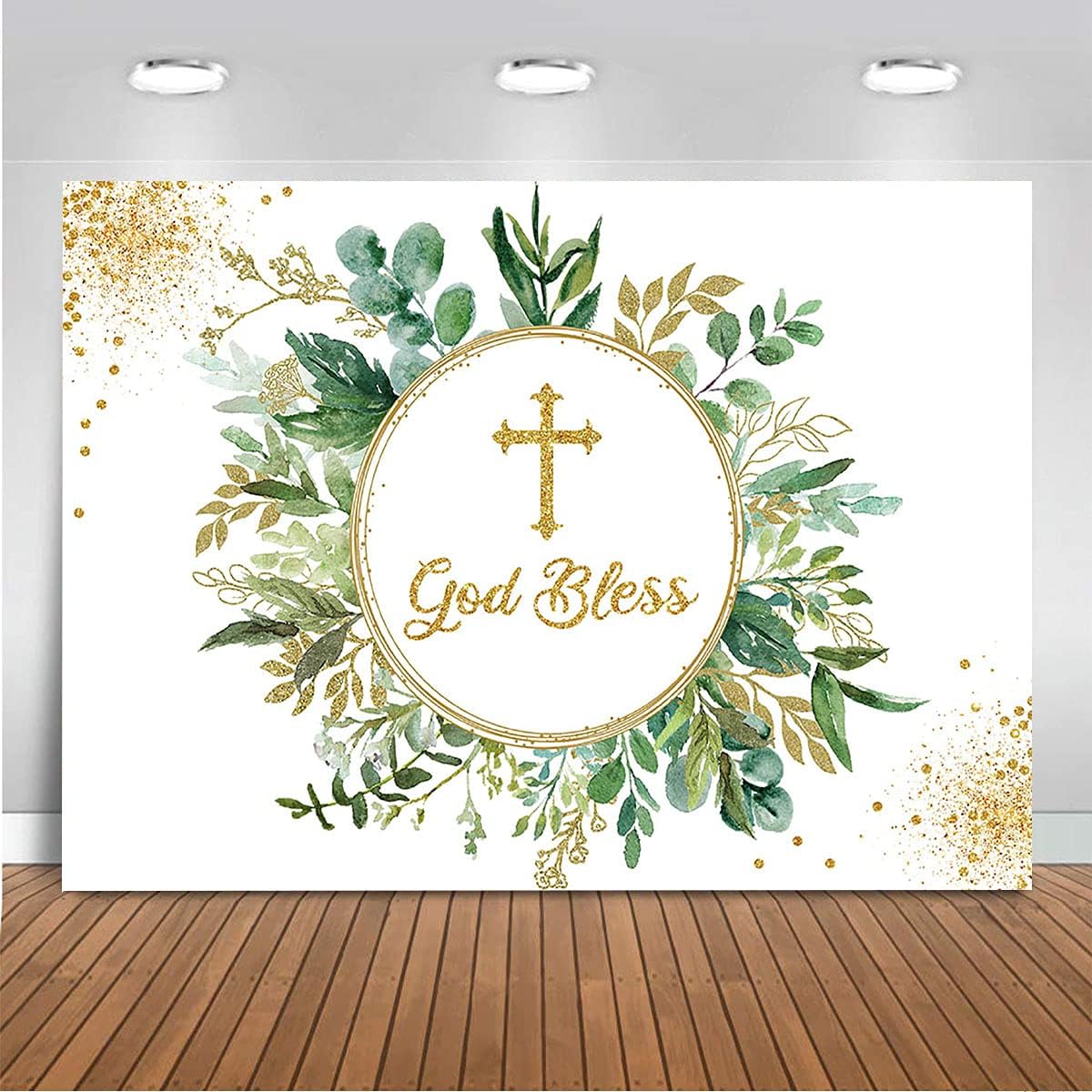 Mocsicka God Bless Backdrop First Communion Baptism Christening Party Decorations Green Leaves Newborn Baby Shower Photography Background Photo Booth 5x3ft