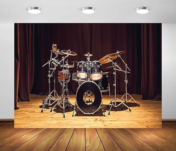 BELECO 7x5ft Fabric Music Stage Backdrop Modern Musical Drum Set Rock Music Jazz Blues Band Concert Stage Background Backdrop Music Theme Party Decorations Photo Booth Studio Props Wallpaper