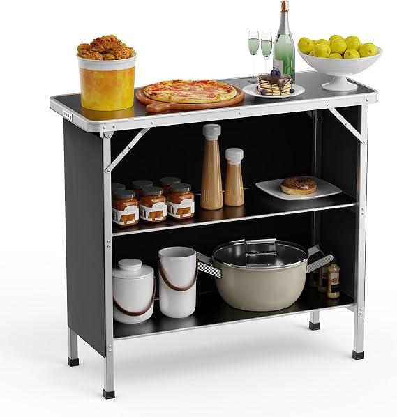 VINGLI Camping Table, Aluminum Portable Bar Table 39''L x 34''H, 2-Tier Storage Shelves, Removable Oxford Cloth, Carrying Bag, Lightweight Folding Table for Events, Outdoor, Party, Picnic