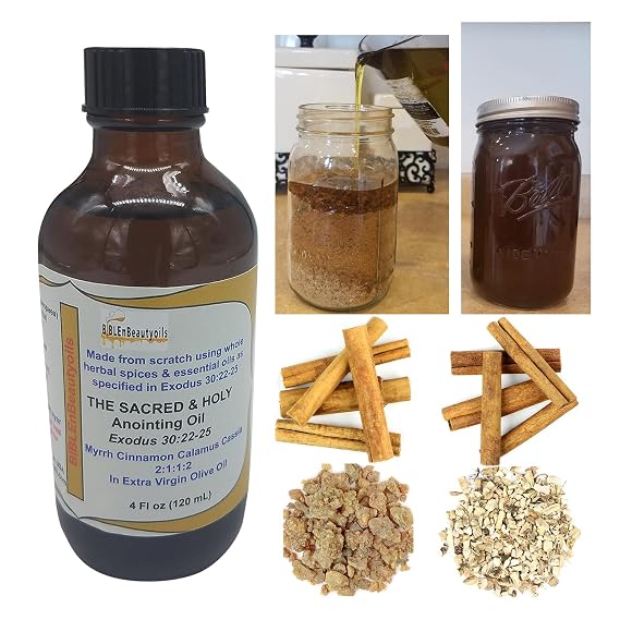 Exodus 30:22-25 Sacred and Holy Anointing Oil, Made from Scratch with Myrrh, Calamus, Cinnamon, Cassia, and Olive Oil Herbal Spices and Essential Oils for Healing Prayers - 4 Fl oz