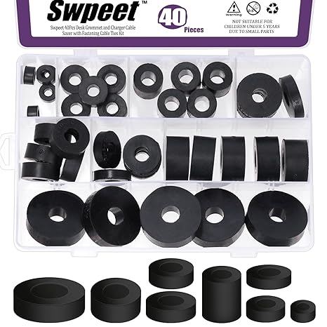 Swpeet 40Pcs 8 Sizes Round Spacer Assortment Kit, 6/7/8/10/15/20mm Anti Vibration Black Rubber Washers Kit, Neoprene Spacer Multi Purpose Thick Rubber Grommets for Home and Car Accessories