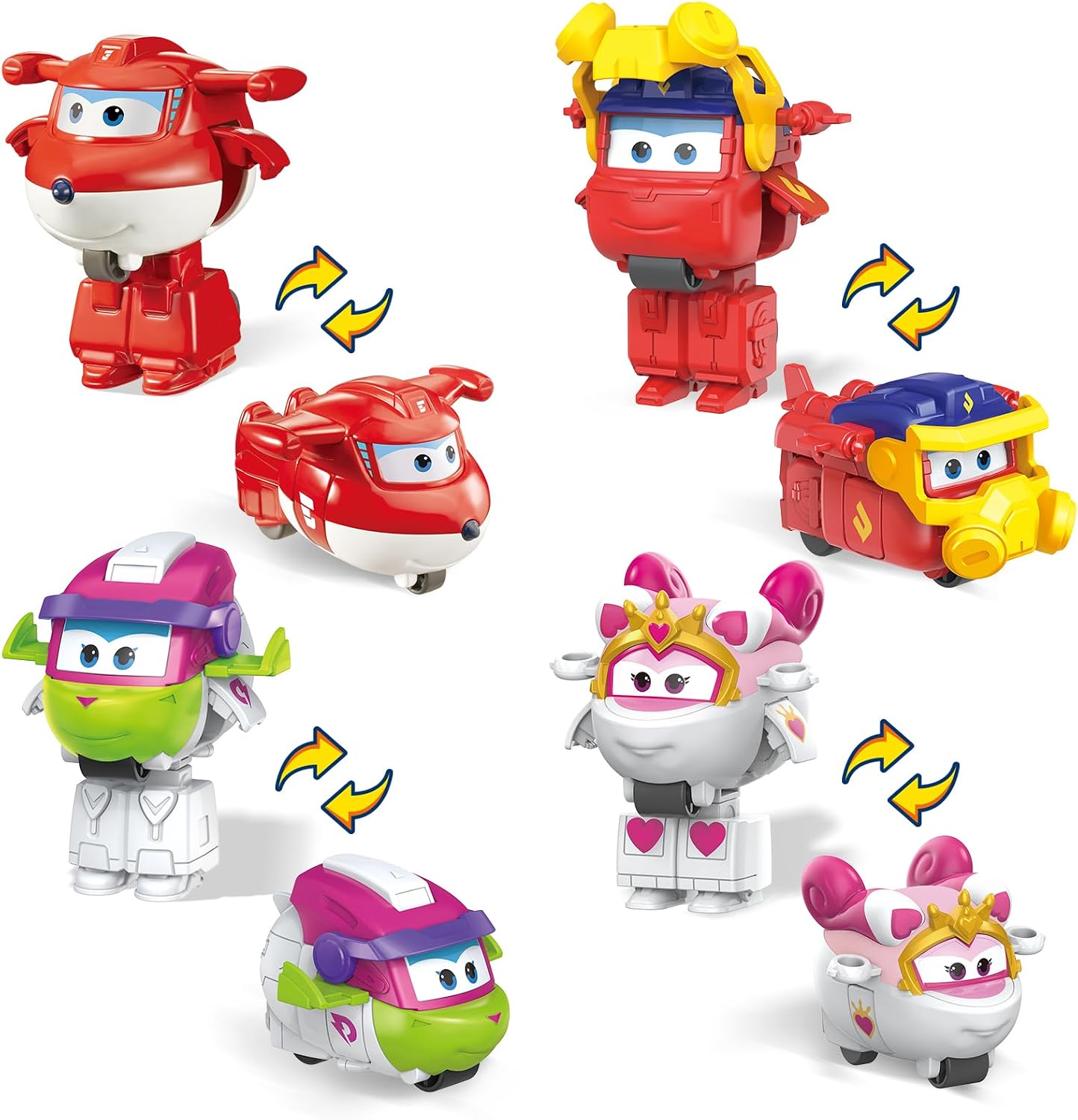 Super Wings 2インチ Transform-a-Bots 4個パック、スーパーチャージジェット、キュリー、ルニ、サラ、飛行機のおもちゃ、乗り物ミニフィギュア、子供のための楽しいおもちゃ、変形可能なおもちゃ 3 4 5歳の男の子と女の子向け