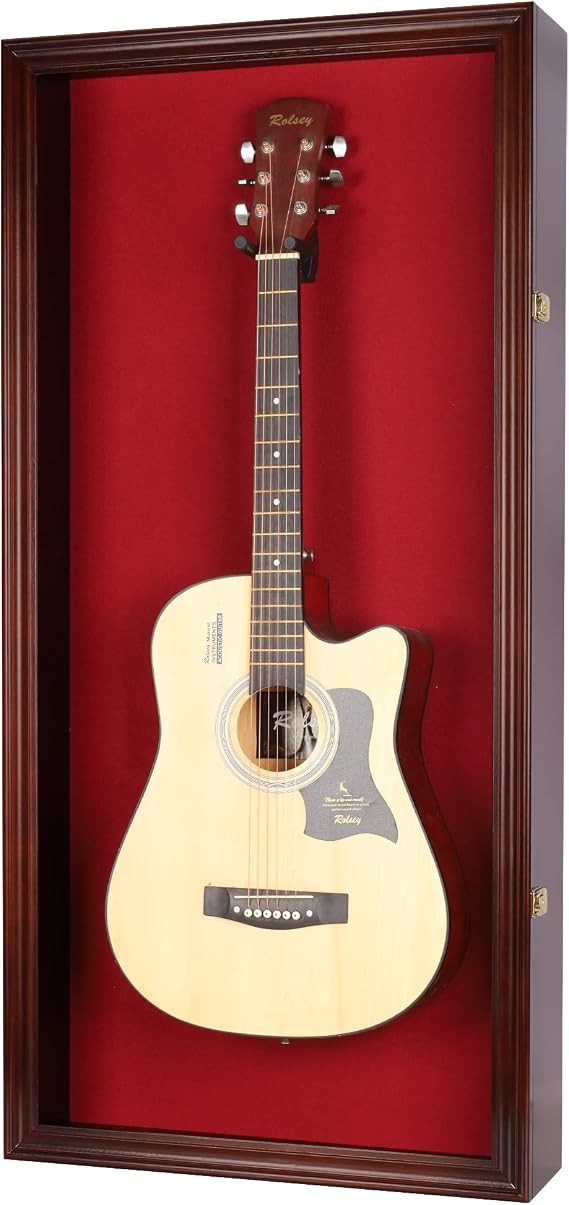DisplayGifts 45" Acoustic Guitar Display Case Cabinet Wall Mountable Guitar Case Frame Fits Most Guitars 98% UV Protection Red Felt Interior Mahogany Finish