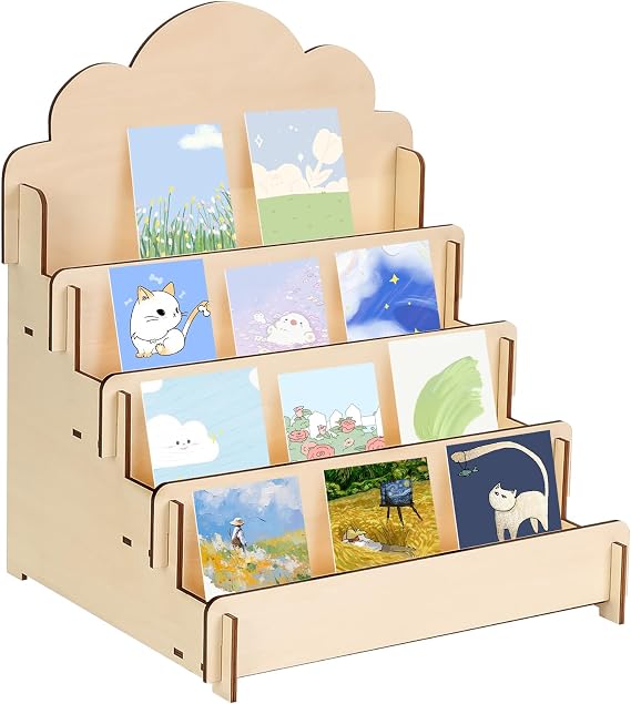 Display Stand, Card Display Rack, Postcard Holder, 4 Tiers, Large Capacity, Durable, Collection Display, Display Shelf, Wooden
