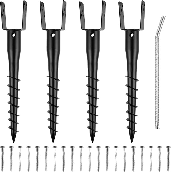 No Dig Ground Screw Anchor - Black U Shaped Post Stake for 4x4 Wood Posts, Includes Lag Bolts & 27" Rebar, for Mailbox Posts and Fence Posts Anchor, 4 Pack
