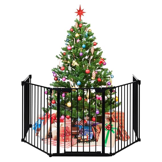 Costzon Baby Safety Gate, 121 Inch Length 5 Panel Adjustable Wide Fireplace Fence, BBQ Metal Fire Screen Gate, Pet Isolation Fence with Walk-Through Door, Freestanding Pets Gate
