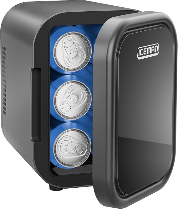Iceman Portable Mini Fridge Fits 6 x 12 oz Cans, Cooler and Heater Mini Fridge for Bedroom, Car, Office, Dorm and Skincare, AC/DC Car Plug-Compatible - Black